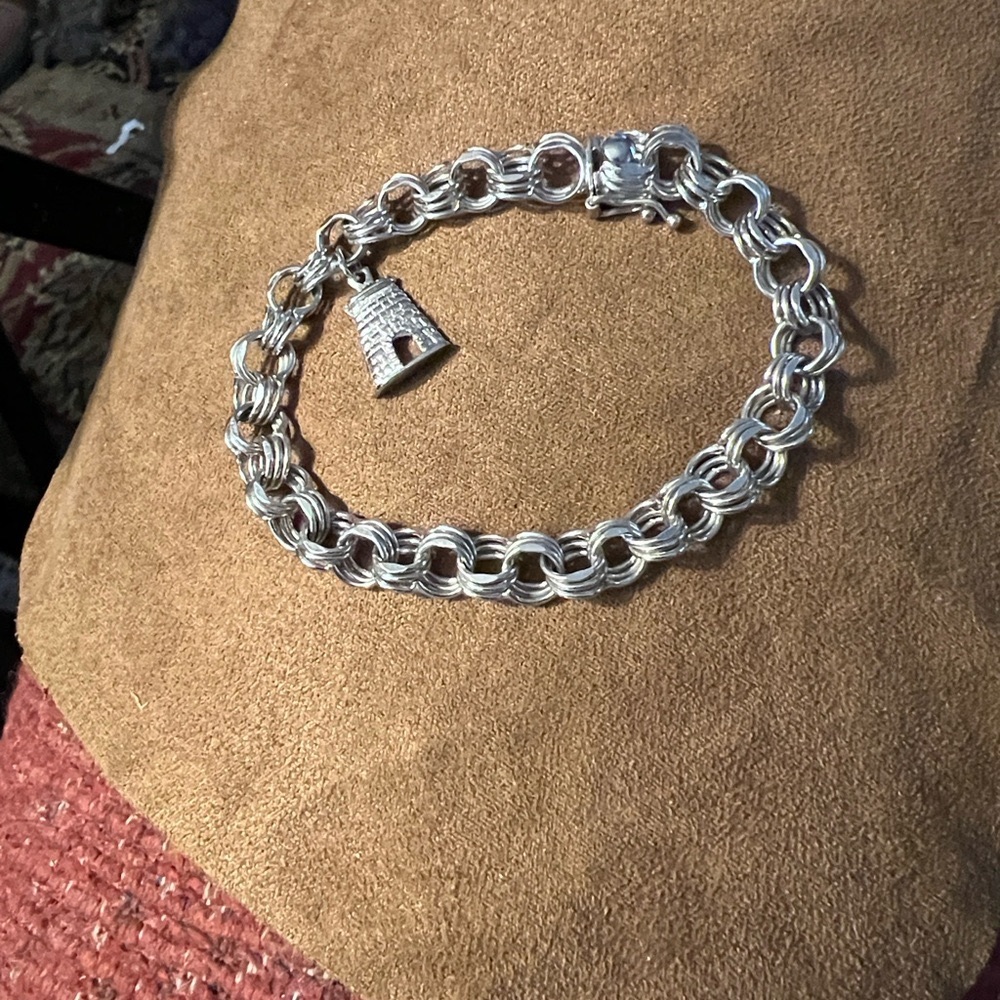 Sterling Silver Charm Link Bracelet with Bell Charm - Silver